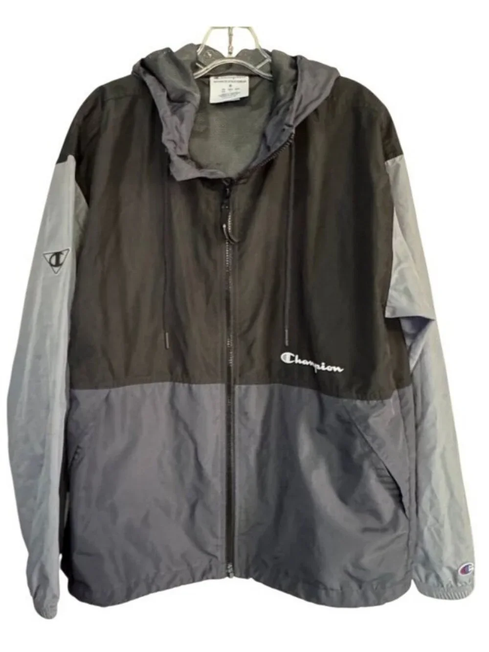 Champion Jacket Lightweight Colorblock Gray/Black Full Zip Hooded Men's Medium M